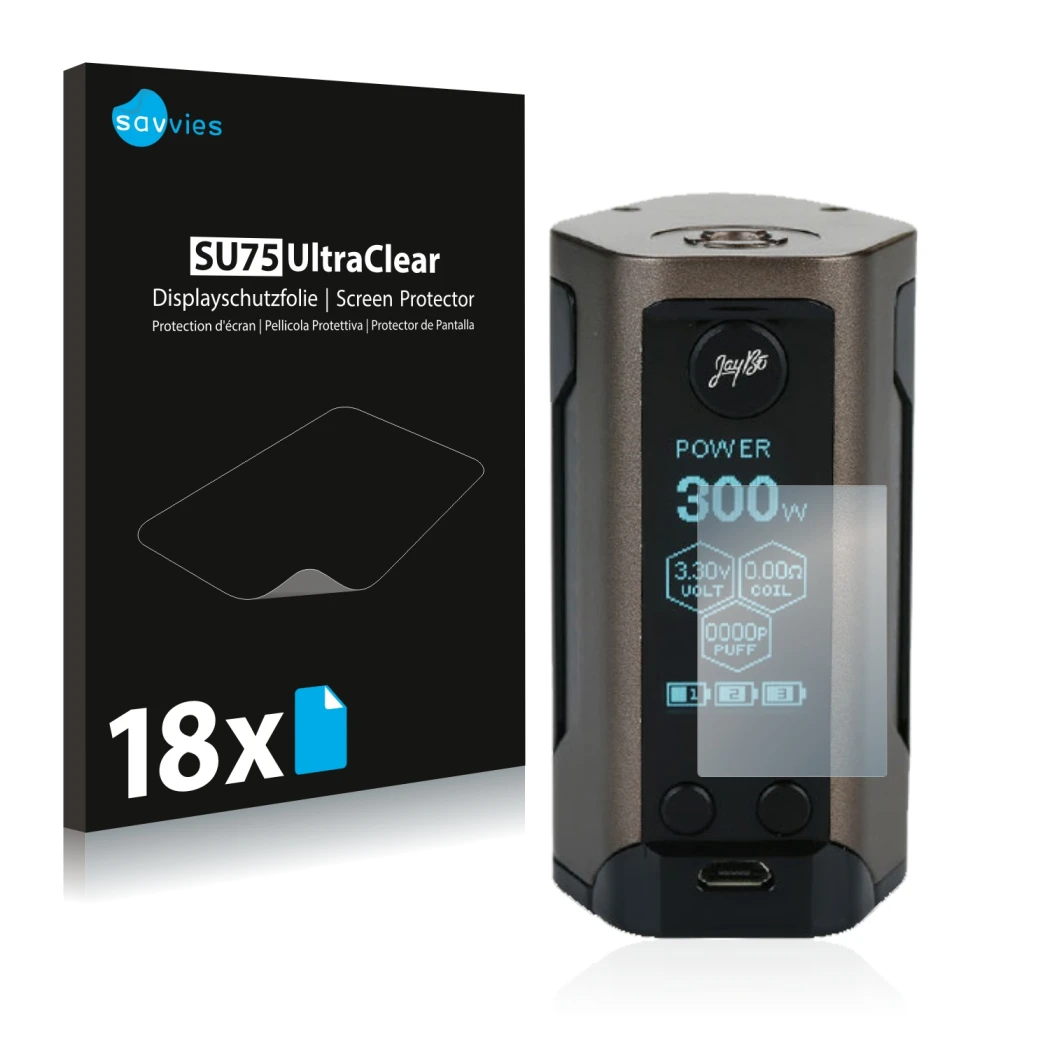 Front side of a product packaging with the brand logo Savvies. Next to it is the device Cowon Plenue D shown with the correspo