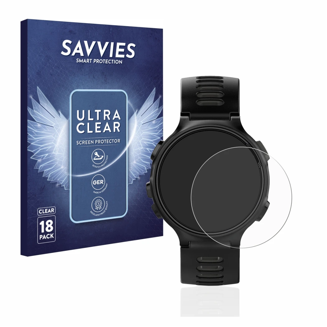 Front side of a product packaging with the brand logo Savvies. Next to it is the device Garmin Forerunner 735XT shown with the
