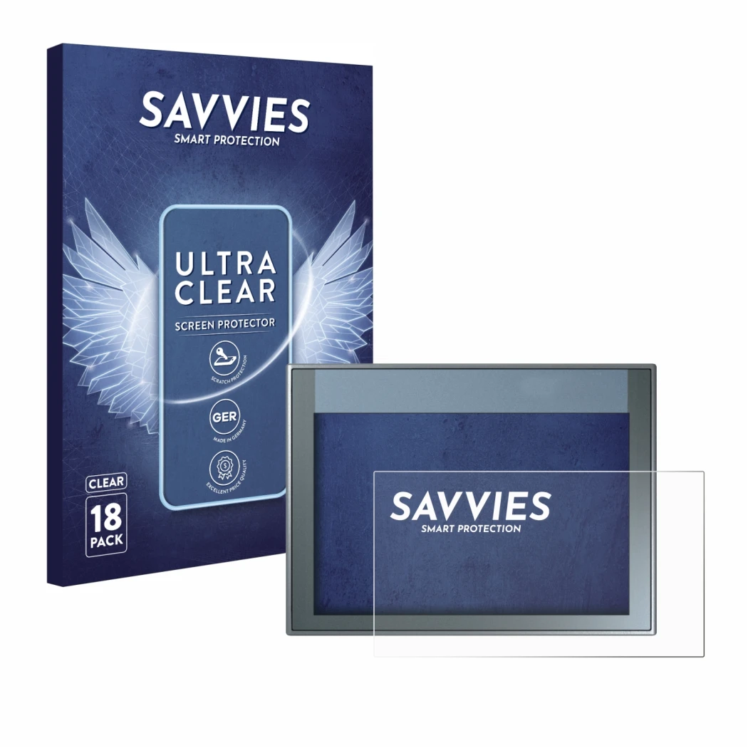 Front side of a product packaging with the brand logo Savvies. Next to it is the device Siemens Simatic HMI KTP 700 Basic show