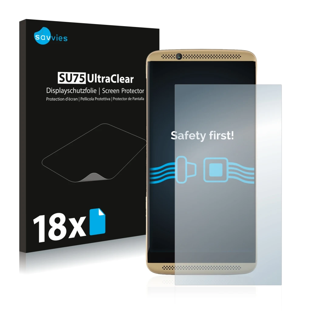 Front side of a product packaging with the brand logo Savvies. Next to it is the device ZTE Axon 7 shown with the correspondin