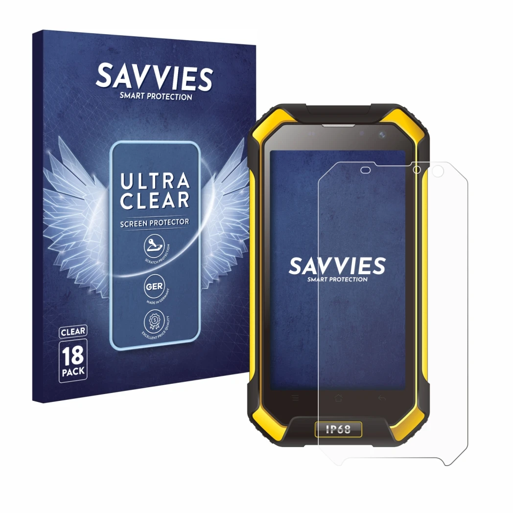 Front side of a product packaging with the brand logo Savvies. Next to it is the device Blackview BV6000 shown with the corres