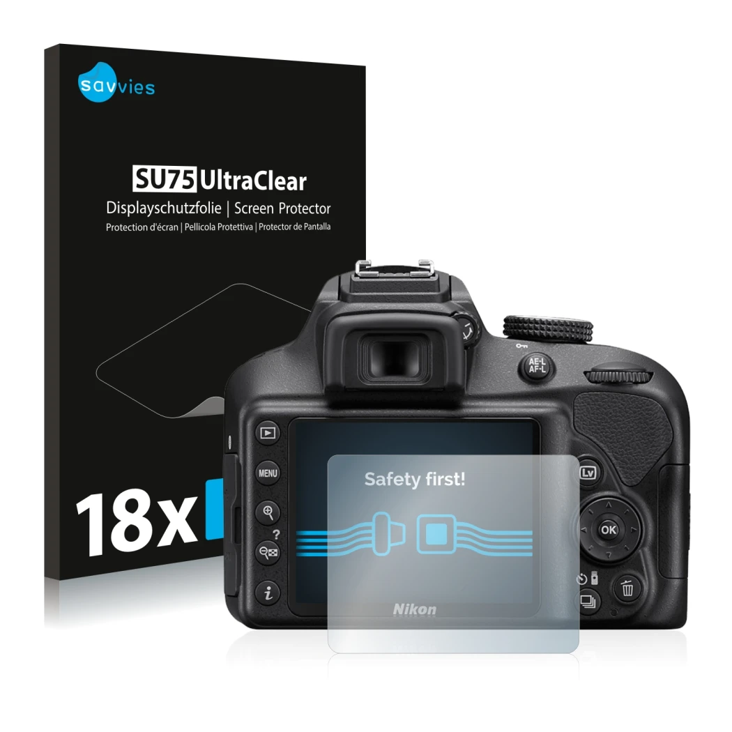 Front side of a product packaging with the brand logo Savvies. Next to it is the device Nikon D3400 shown with the correspondi