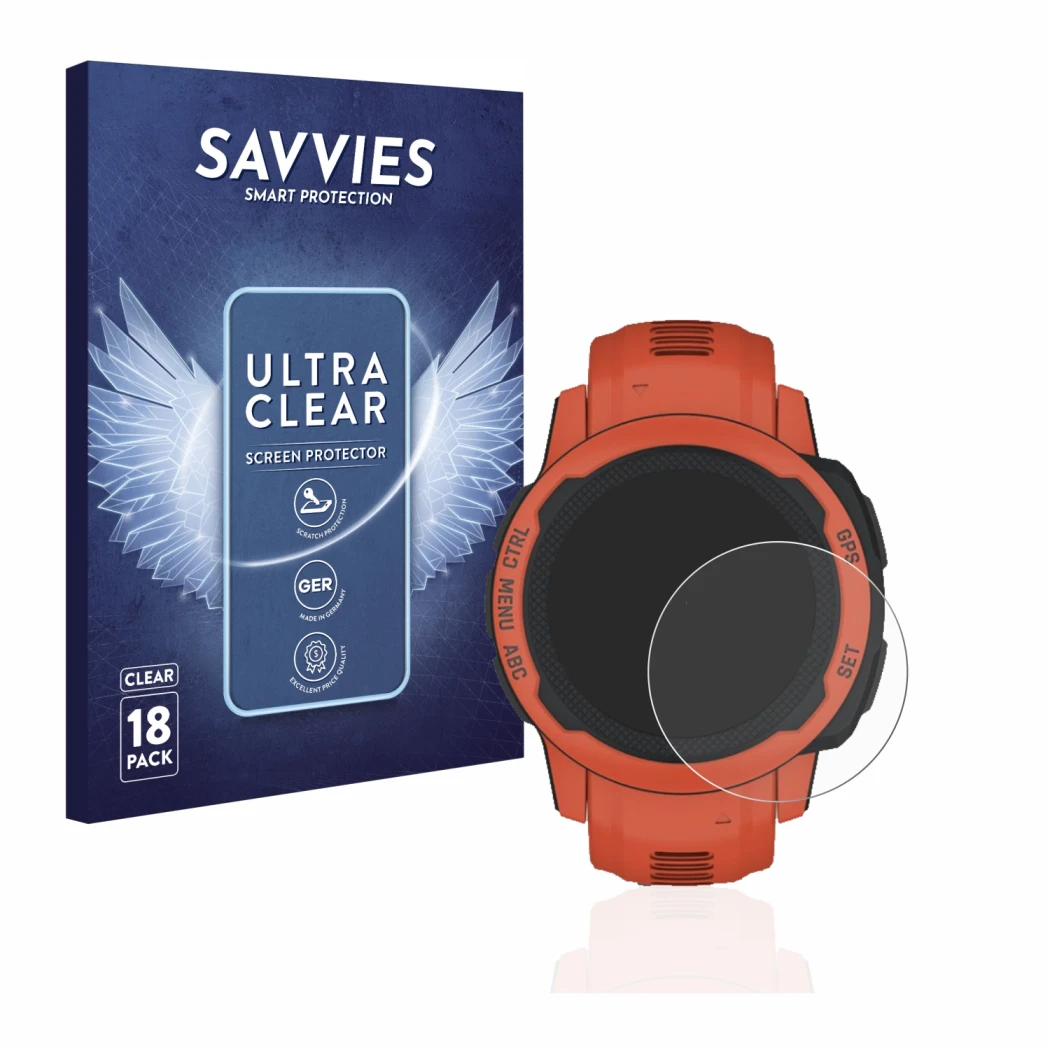 Front side of a product packaging with the brand logo Savvies. Next to it is the device Fitbit Charge 2 shown with the corresp