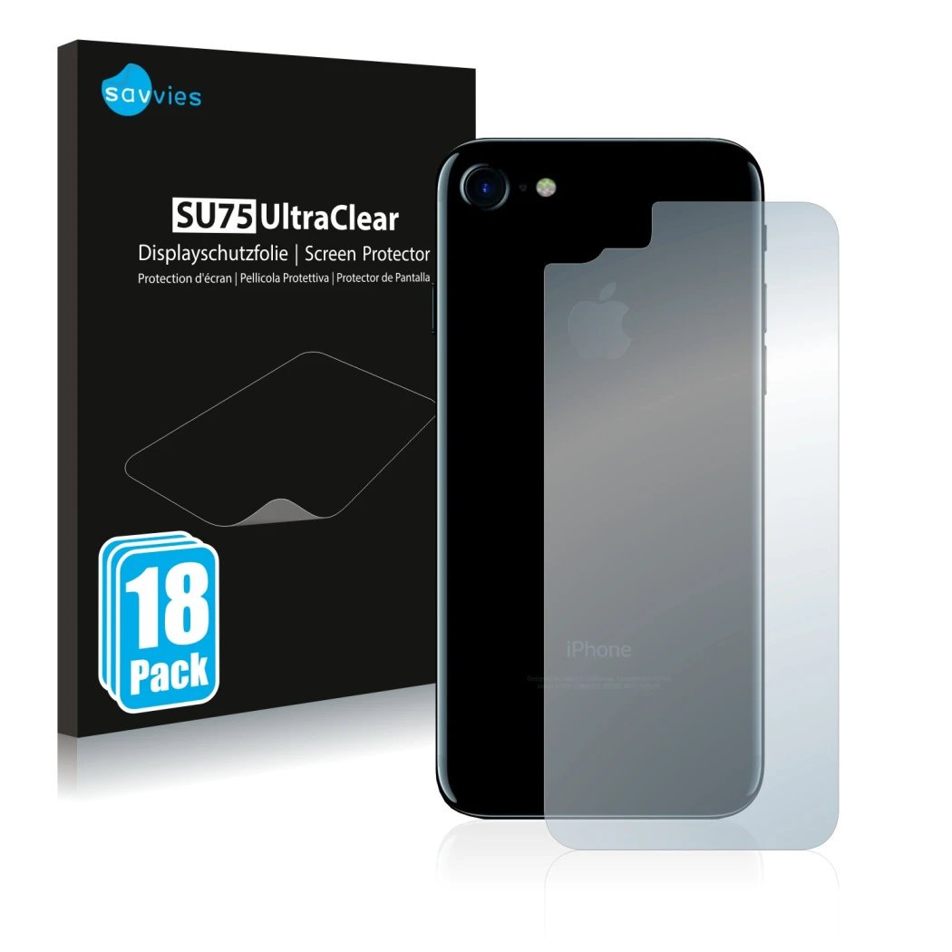 Front side of a product packaging with the brand logo Savvies. Next to it is the device Apple iPhone 7 Back (entire surface) s