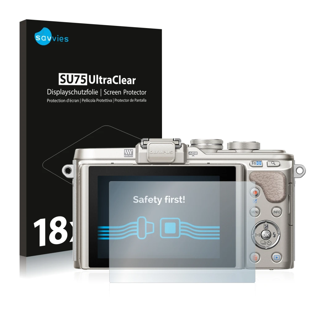 Front side of a product packaging with the brand logo Savvies. Next to it is the device Olympus PEN E-PL8 shown with the corre
