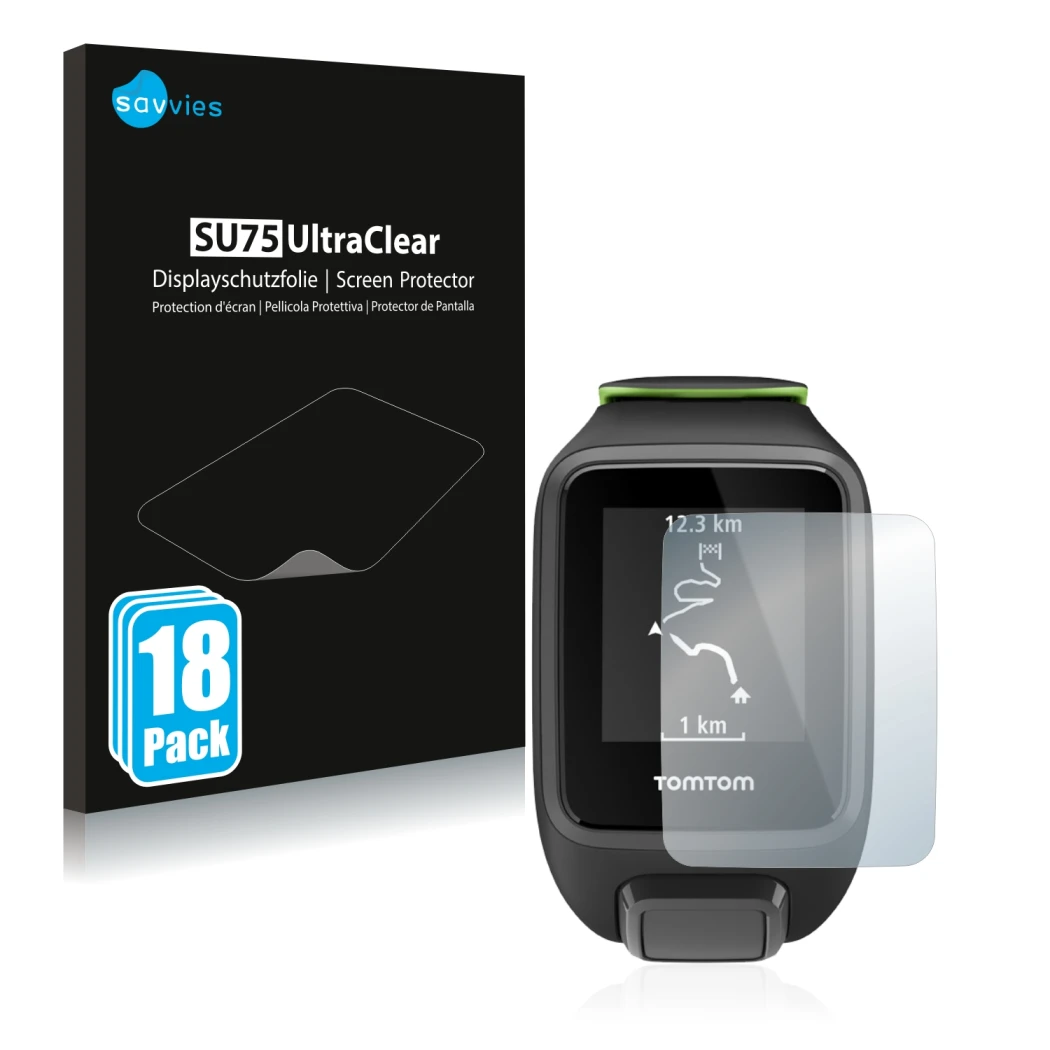 Front side of a product packaging with the brand logo Savvies. Next to it is the device TomTom Runner 3 shown with the corresp