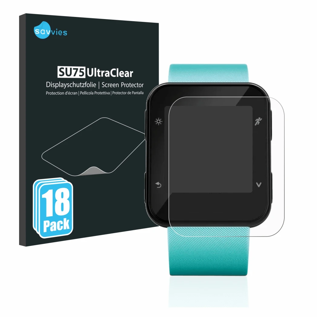 Front side of a product packaging with the brand logo Savvies. Next to it is the device Garmin Forerunner 35 shown with the co