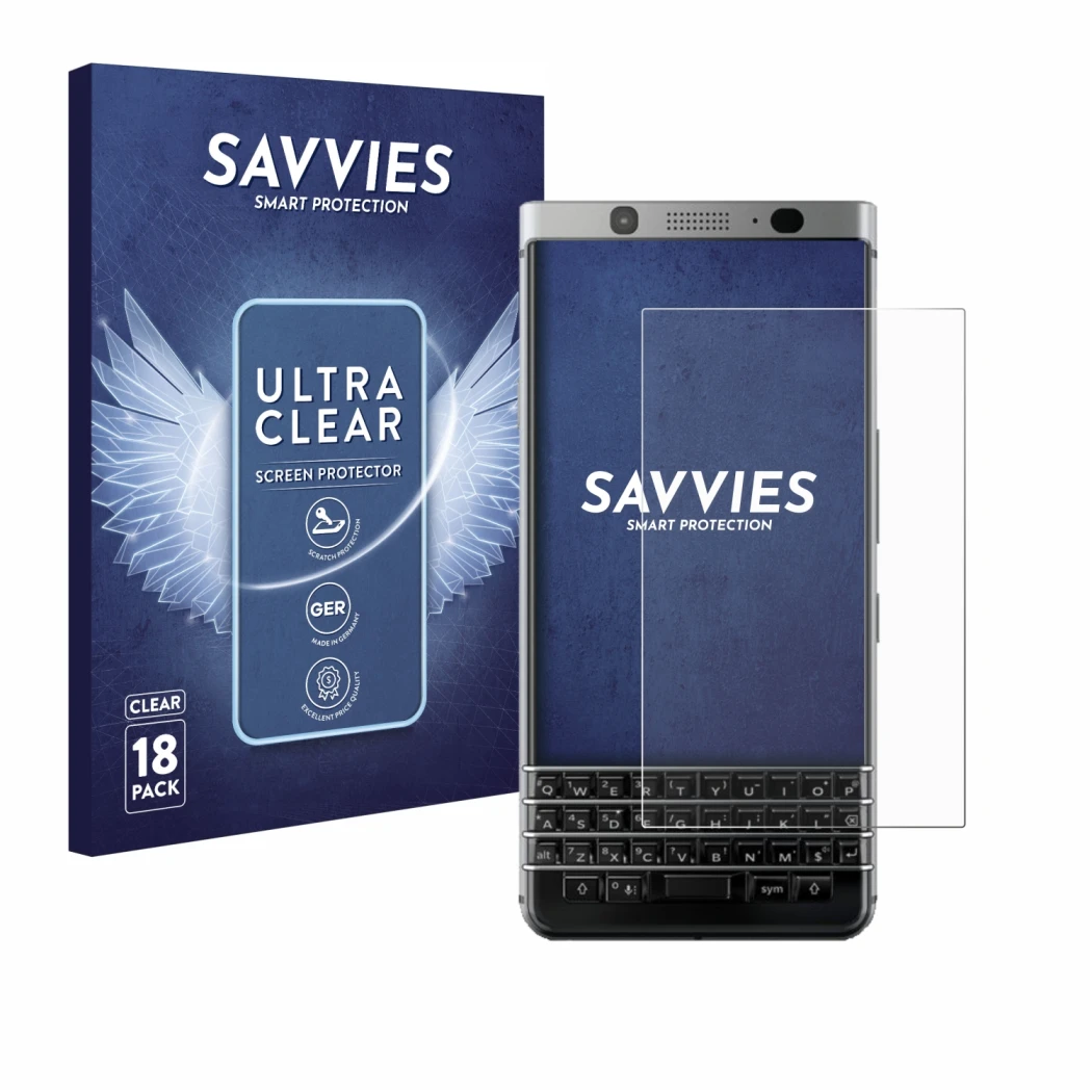Front side of a product packaging with the brand logo Savvies. Next to it is the device BlackBerry Keyone shown with the corre