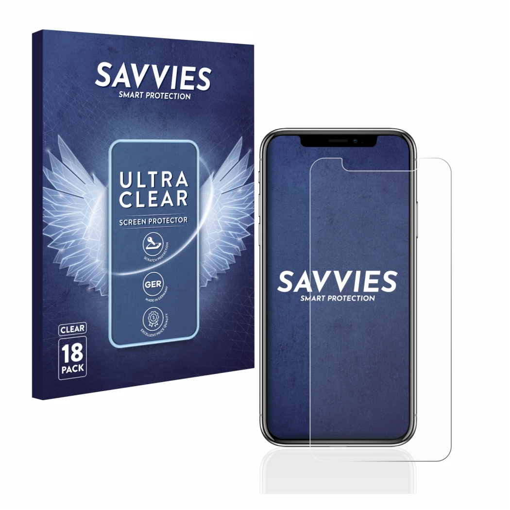 Front side of a product packaging with the brand logo Savvies. Next to it is the device Apple iPhone X shown with the correspo