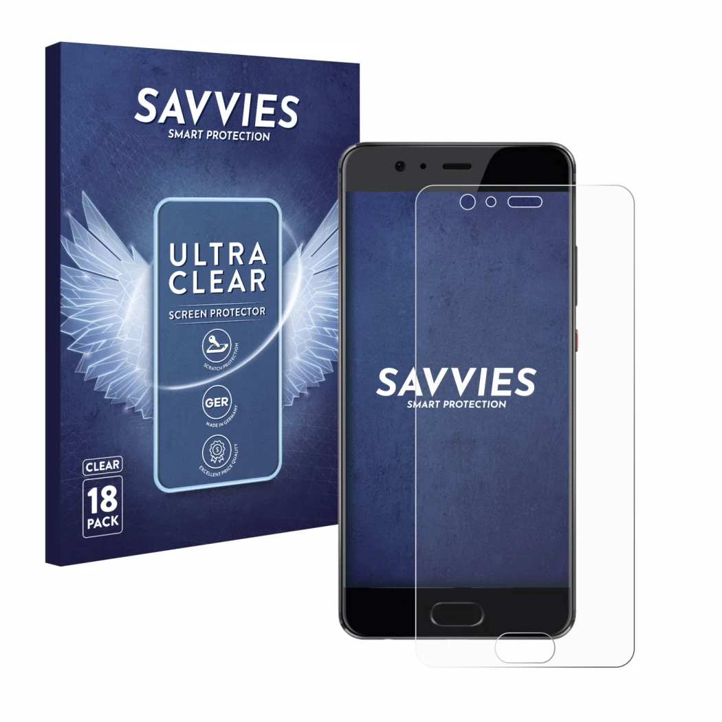 Front side of a product packaging with the brand logo Savvies. Next to it is the device Huawei P10 Plus shown with the corresp