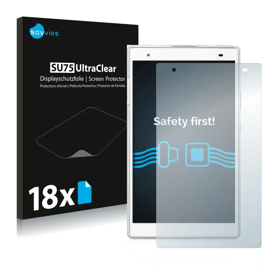 Front side of a product packaging with the brand logo Savvies. Next to it is the device Lenovo Tab 4 8 Plus shown with the cor