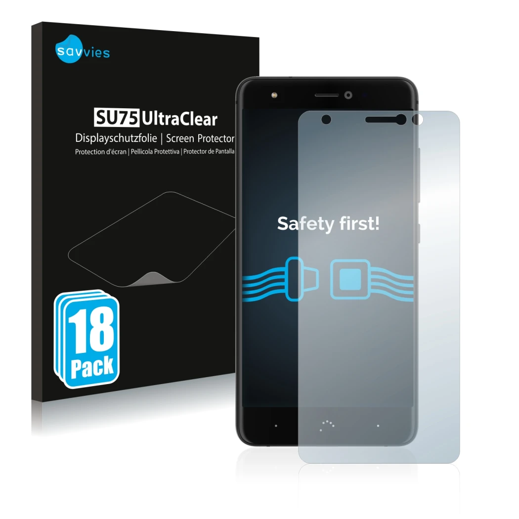 Front side of a product packaging with the brand logo Savvies. Next to it is the device BQ Aquaris X shown with the correspond
