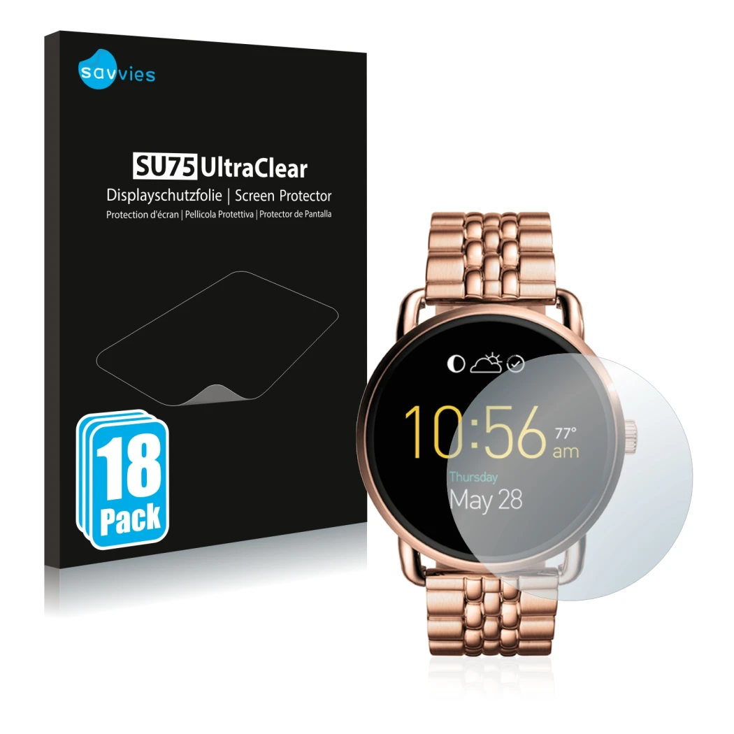 Front side of a product packaging with the brand logo Savvies. Next to it is the device Fossil Q Wander shown with the corresp