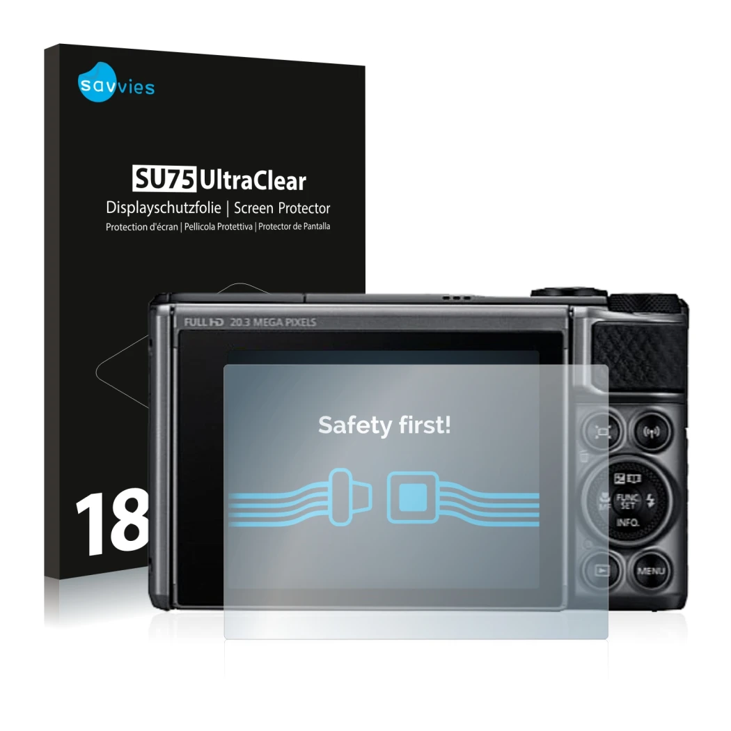 Front side of a product packaging with the brand logo Savvies. Next to it is the device Canon PowerShot SX730 HS shown with th