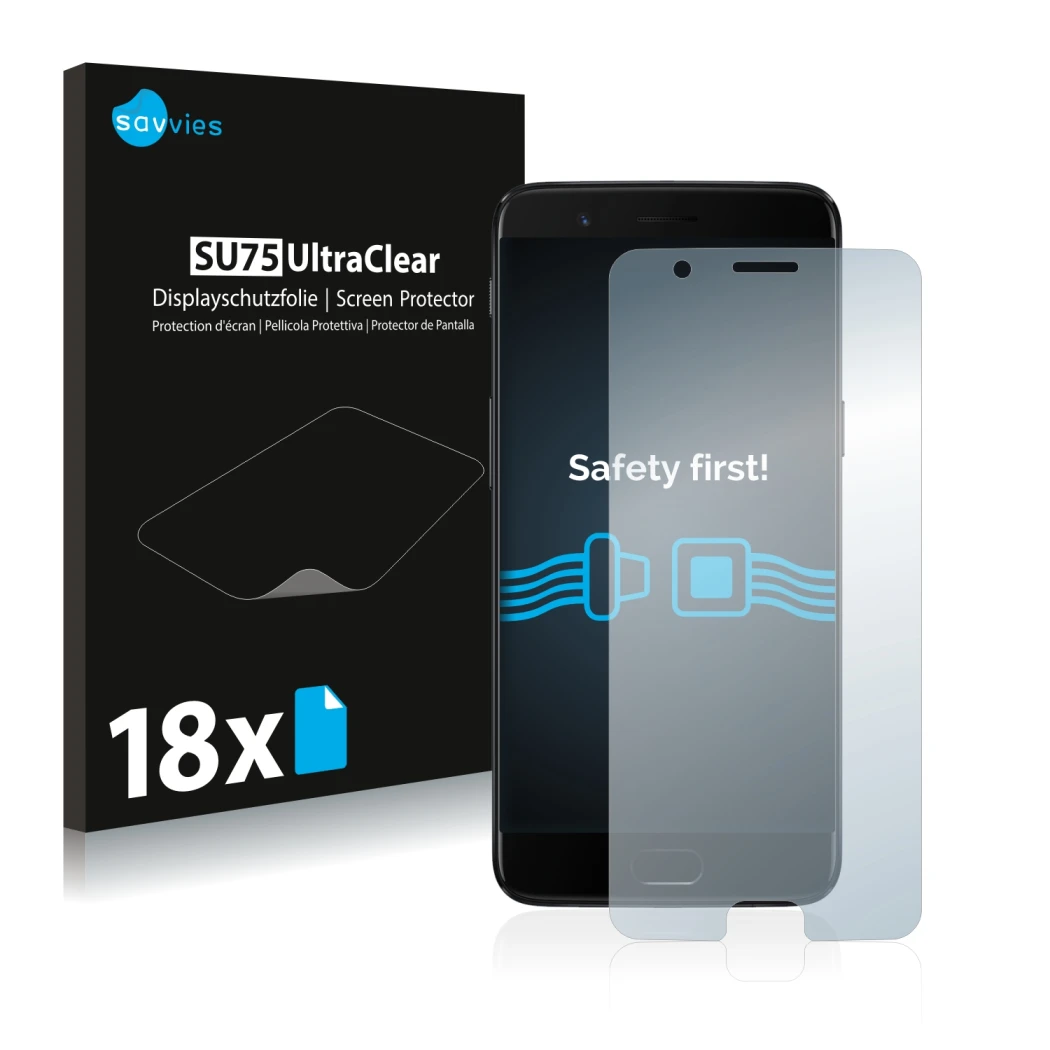 Front side of a product packaging with the brand logo Savvies. Next to it is the device OnePlus 5 shown with the corresponding