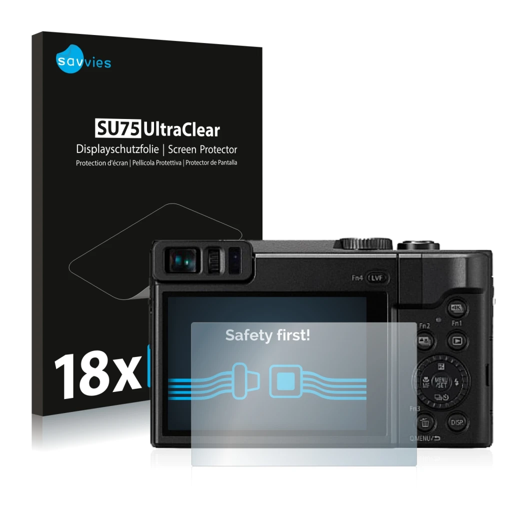 Front side of a product packaging with the brand logo Savvies. Next to it is the device Panasonic Lumix DC-TZ91 shown with the