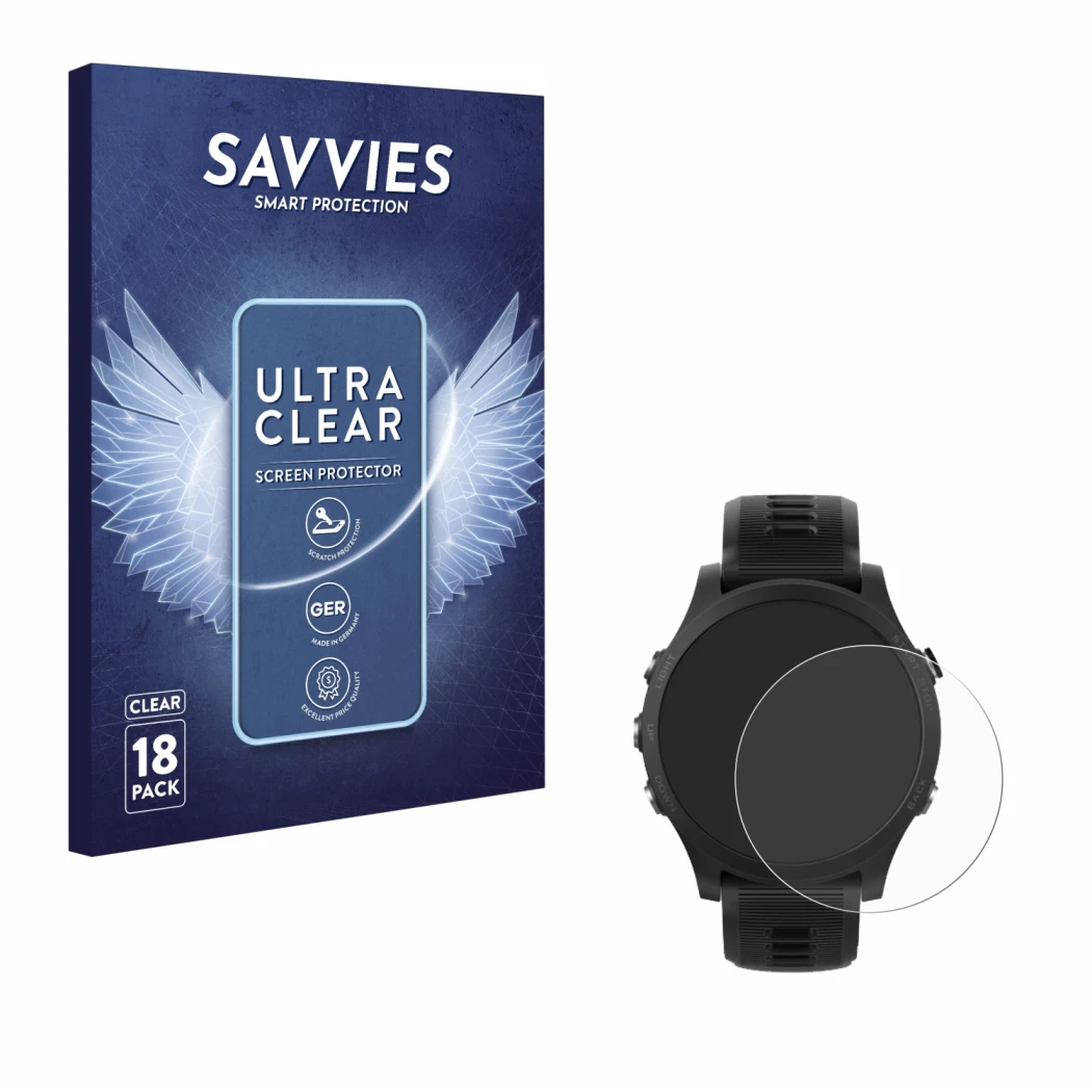 Front side of a product packaging with the brand logo Savvies. Next to it is the device Garmin Forerunner 935 shown with the c