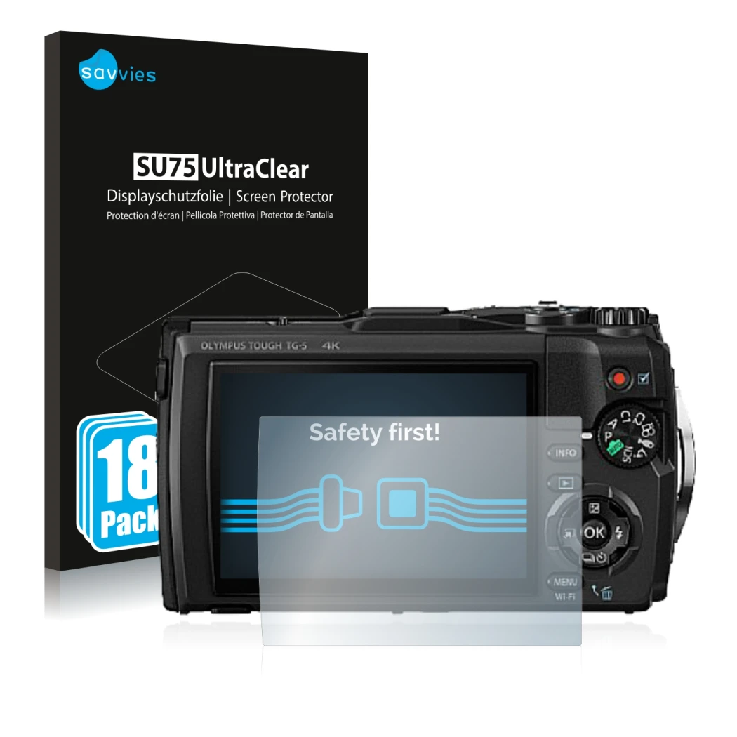 Front side of a product packaging with the brand logo Savvies. Next to it is the device Olympus Tough TG-5 shown with the corr