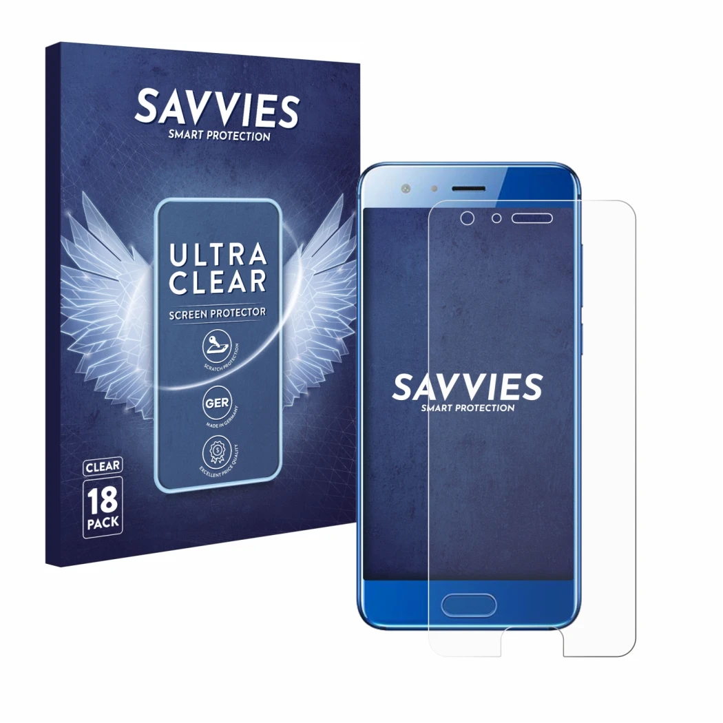 Front side of a product packaging with the brand logo Savvies. Next to it is the device Honor 9 shown with the corresponding s