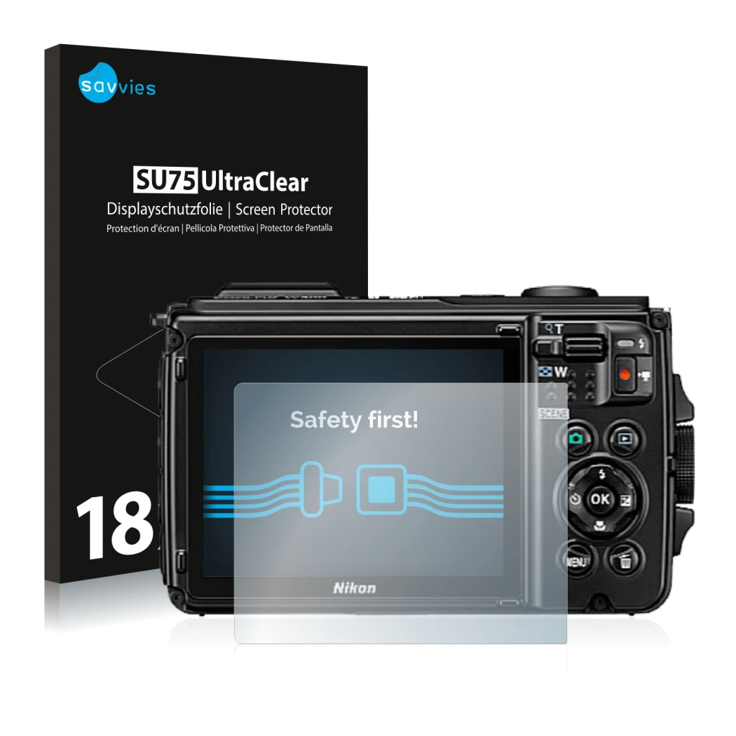 Front side of a product packaging with the brand logo Savvies. Next to it is the device Nikon Coolpix W300 shown with the corr