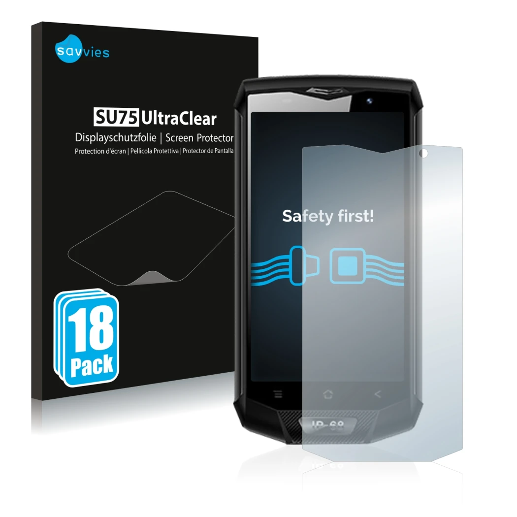 Front side of a product packaging with the brand logo Savvies. Next to it is the device Blackview BV8000 Pro shown with the co