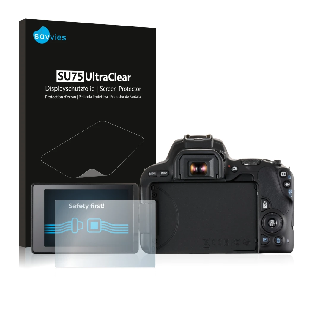Front side of a product packaging with the brand logo Savvies. Next to it is the device Canon EOS 200D shown with the correspo