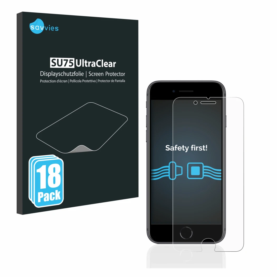 Front side of a product packaging with the brand logo Savvies. Next to it is the device Apple iPhone 8 shown with the correspo