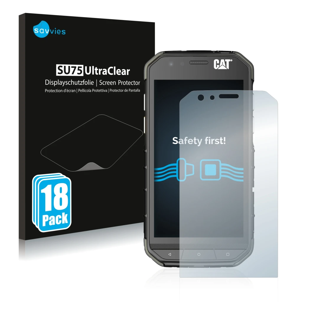 Front side of a product packaging with the brand logo Savvies. Next to it is the device Caterpillar Cat S31 shown with the cor