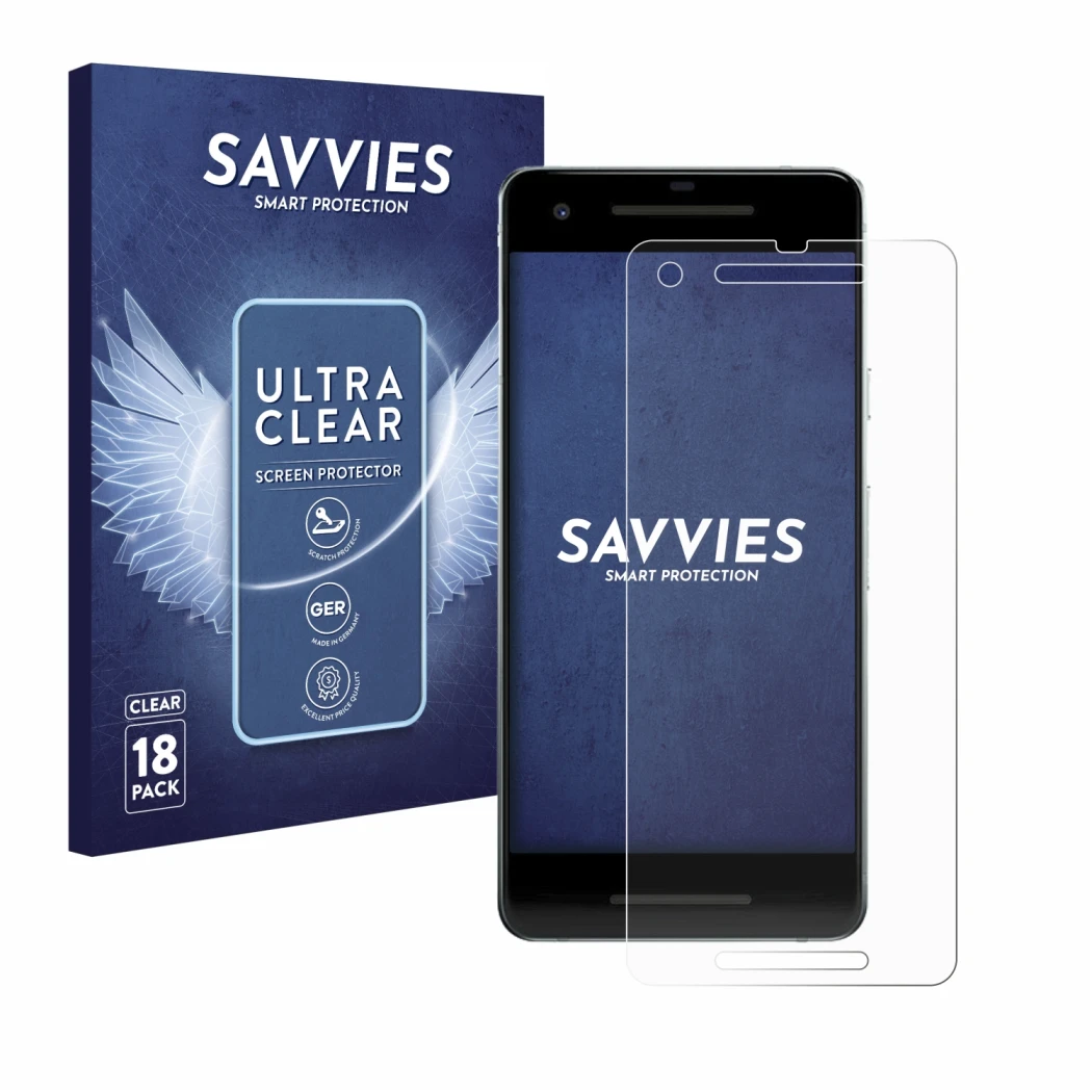 Front side of a product packaging with the brand logo Savvies. Next to it is the device Google Pixel 2 shown with the correspo