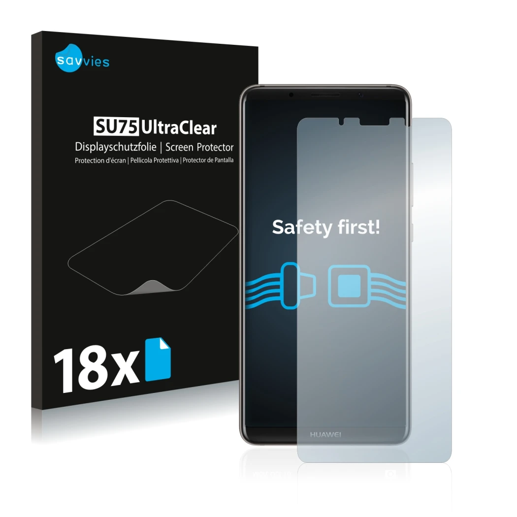 Front side of a product packaging with the brand logo Savvies. Next to it is the device Huawei Mate 10 Pro shown with the corr