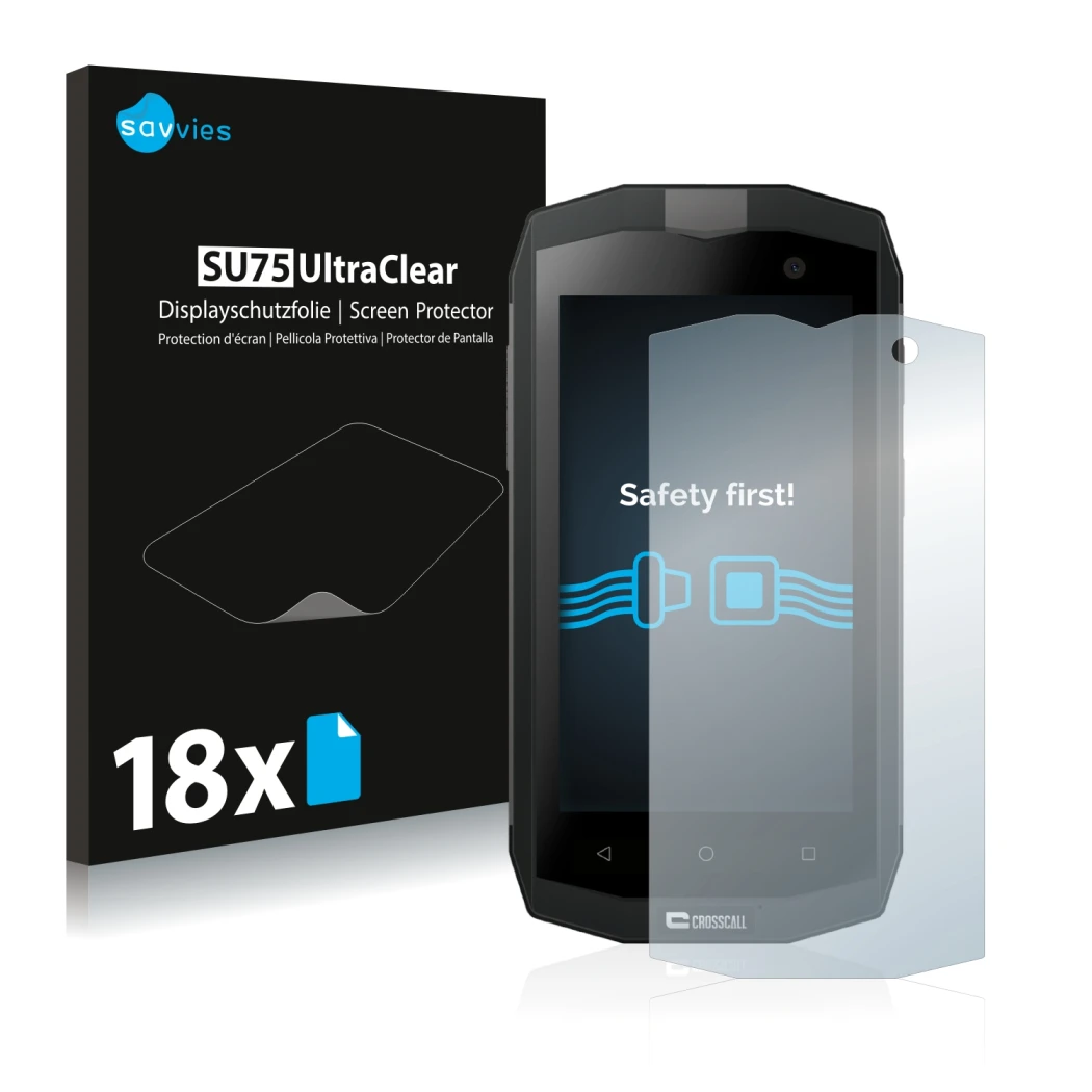 Front side of a product packaging with the brand logo Savvies. Next to it is the device Crosscall Trekker M1 shown with the co