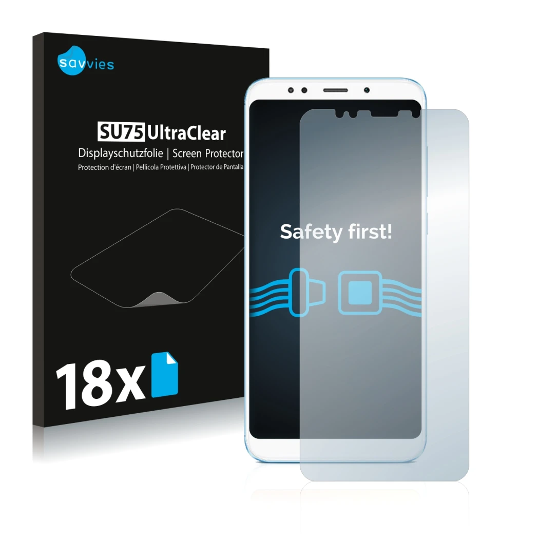 Front side of a product packaging with the brand logo Savvies. Next to it is the device Xiaomi Redmi 5 Plus shown with the cor