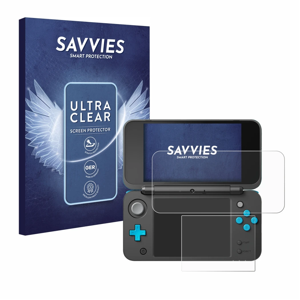 Front side of a product packaging with the brand logo Savvies. Next to it is the device New Nintendo 2DS XL shown with the cor