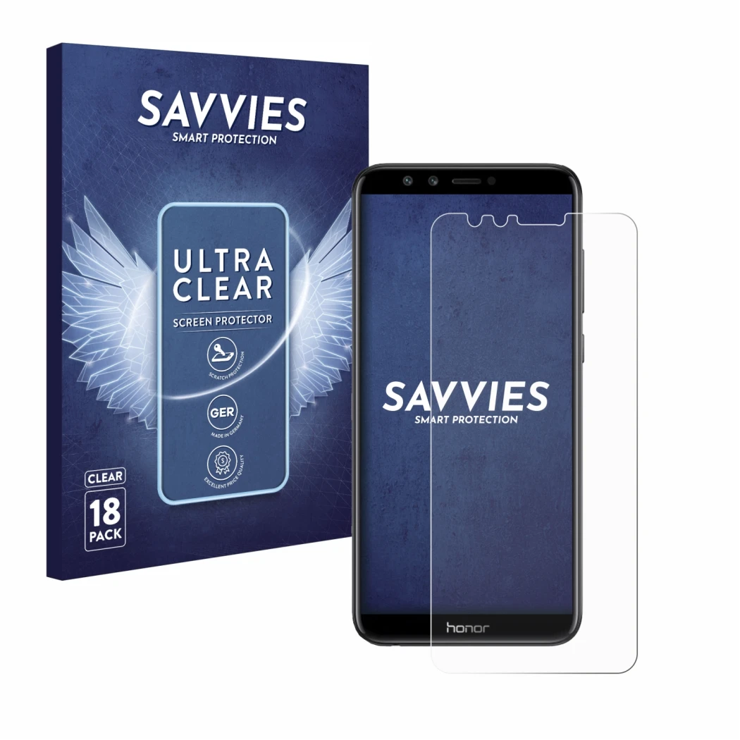 Front side of a product packaging with the brand logo Savvies. Next to it is the device Honor 9 Lite shown with the correspond