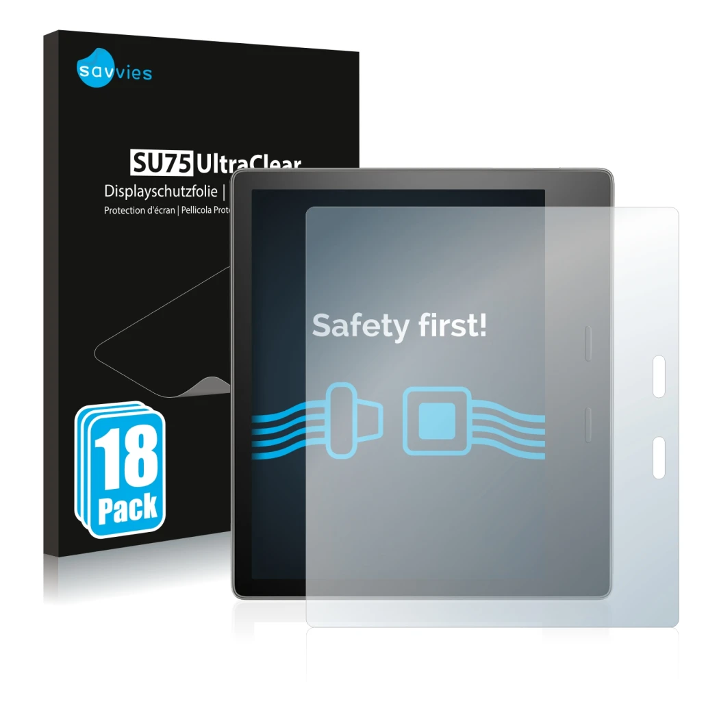 Front side of a product packaging with the brand logo Savvies. Next to it is the device Amazon Kindle Oasis 2017 (9th Gen.) sh