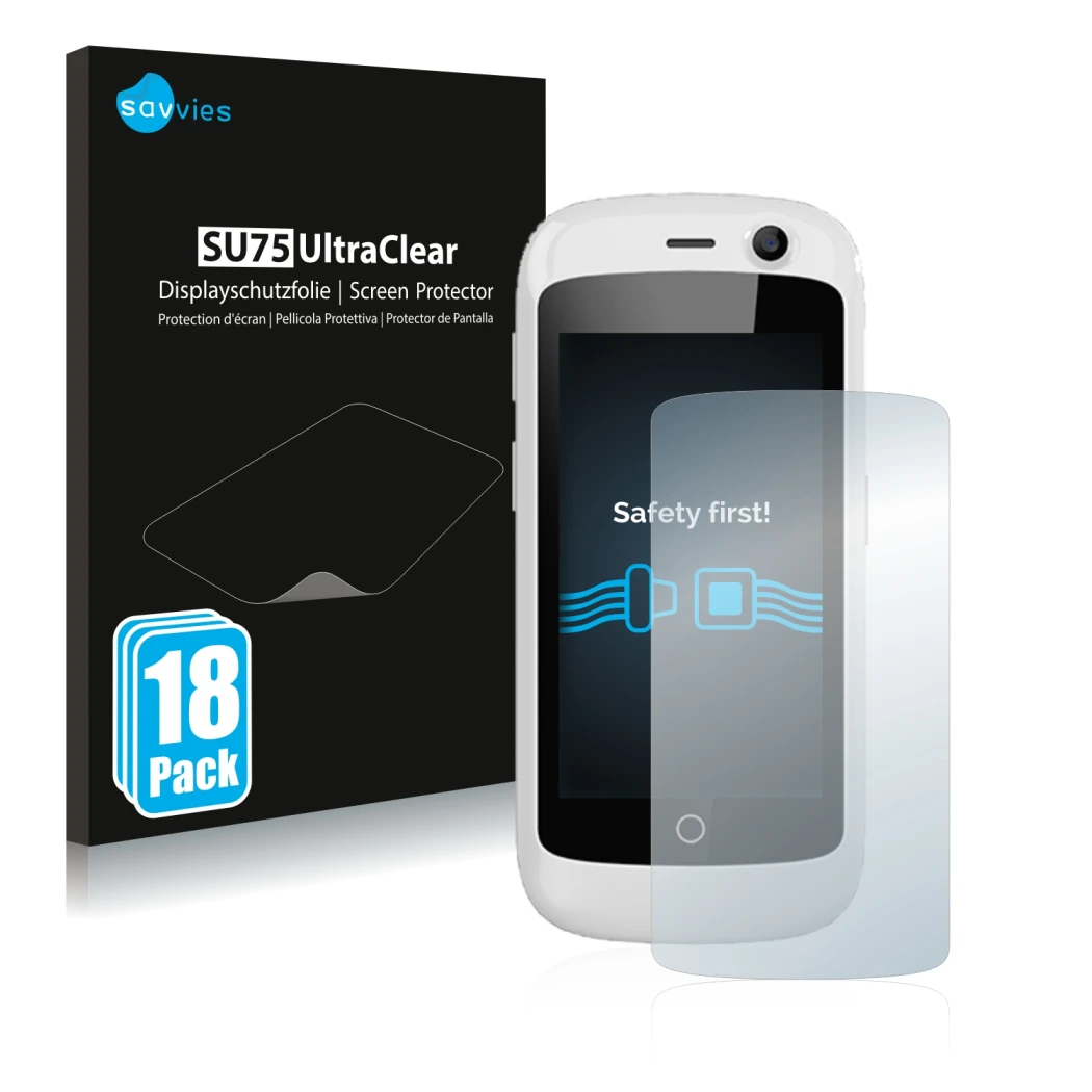 Front side of a product packaging with the brand logo Savvies. Next to it is the device Unihertz Jelly Pro shown with the corr