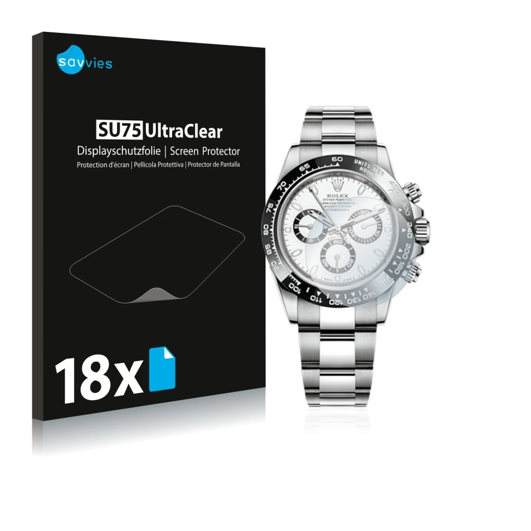 Front side of a product packaging with the brand logo Savvies. Next to it is the device Rolex Cosmograph Daytona (40 mm) shown