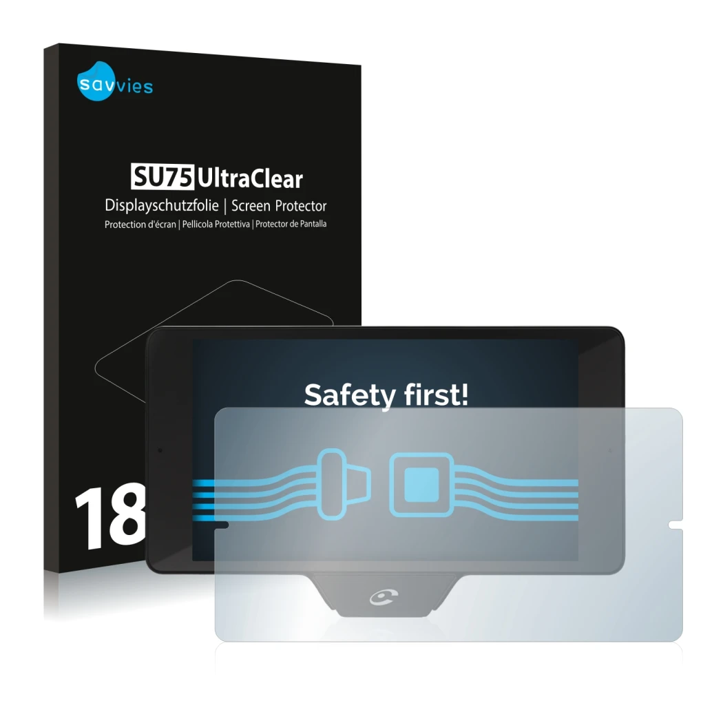 Front side of a product packaging with the brand logo Savvies. Next to it is the device Coyote Nav+ 2017 shown with the corres