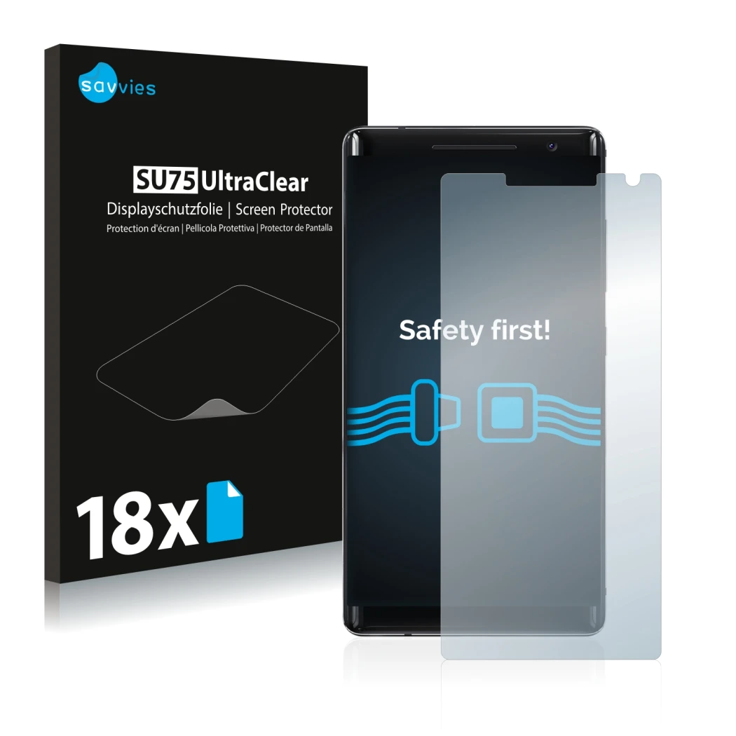 Front side of a product packaging with the brand logo Savvies. Next to it is the device Nokia 8 Sirocco shown with the corresp