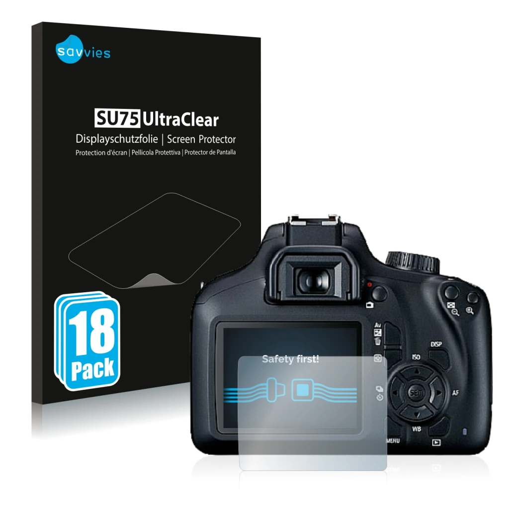 Front side of a product packaging with the brand logo Savvies. Next to it is the device Canon EOS 4000D shown with the corresp