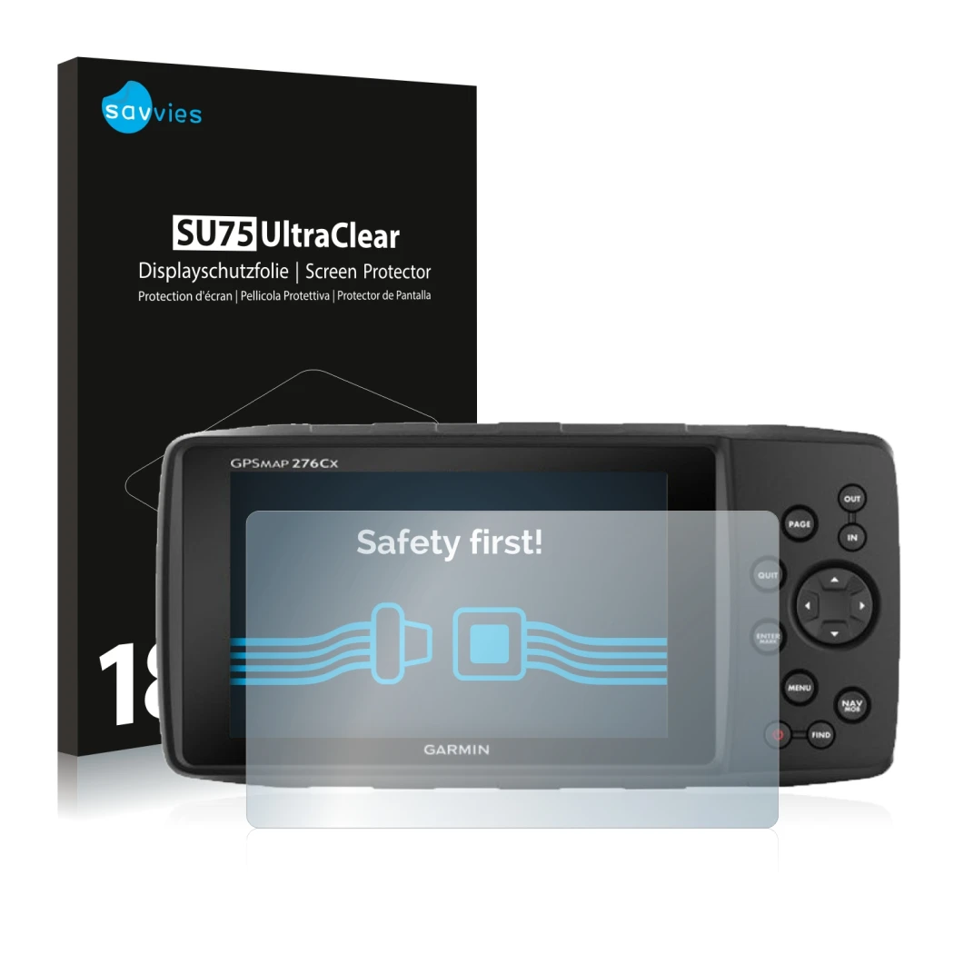 Front side of a product packaging with the brand logo Savvies. Next to it is the device Garmin GPSMAP 276Cx shown with the cor