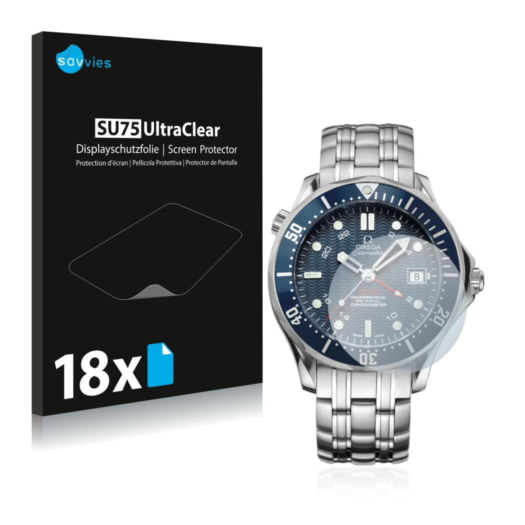 Front side of a product packaging with the brand logo Savvies. Next to it is the device Omega Seamaster Diver (41 mm) shown wi