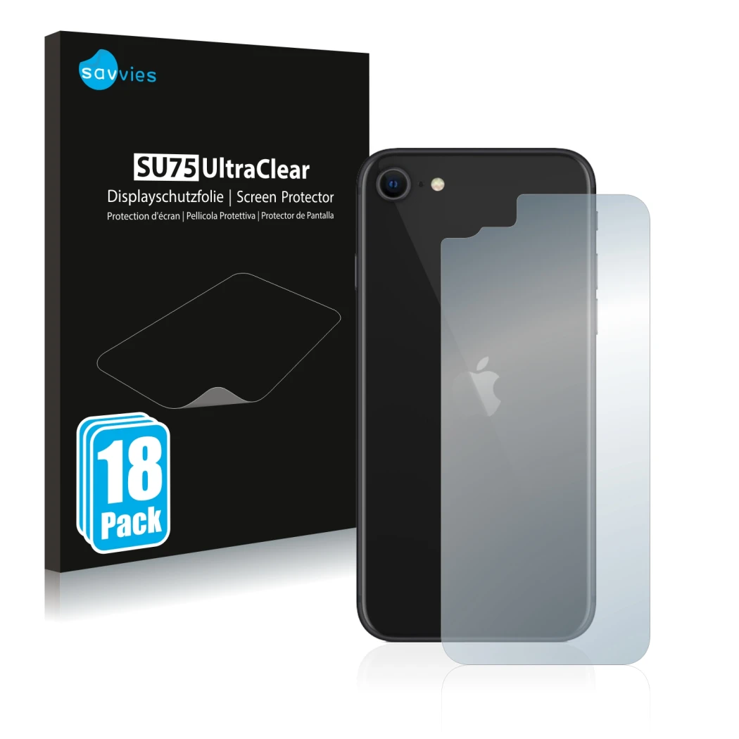 Front side of a product packaging with the brand logo Savvies. Next to it is the device Apple iPhone SE 2 2020 (Back) shown wi