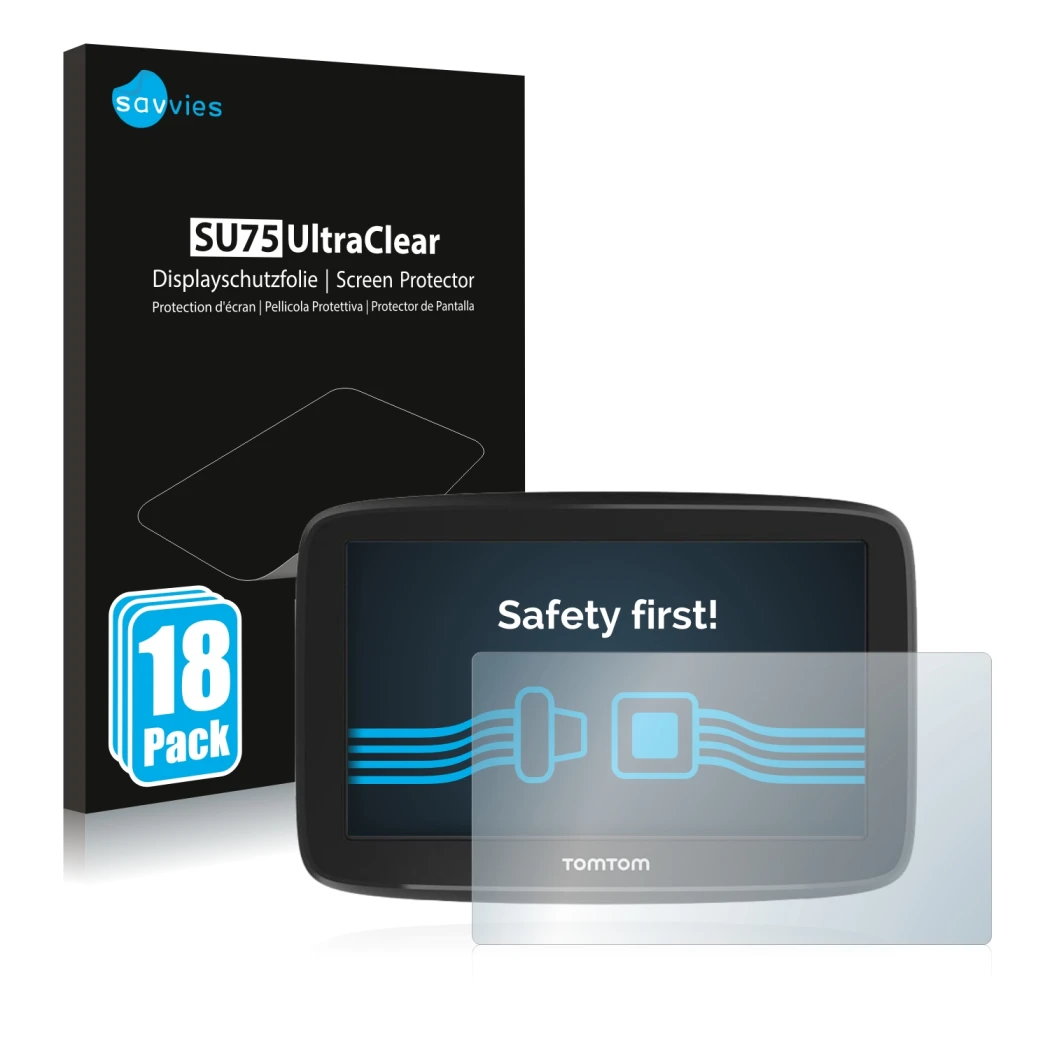 Front side of a product packaging with the brand logo Savvies. Next to it is the device TomTom GO Basic 5