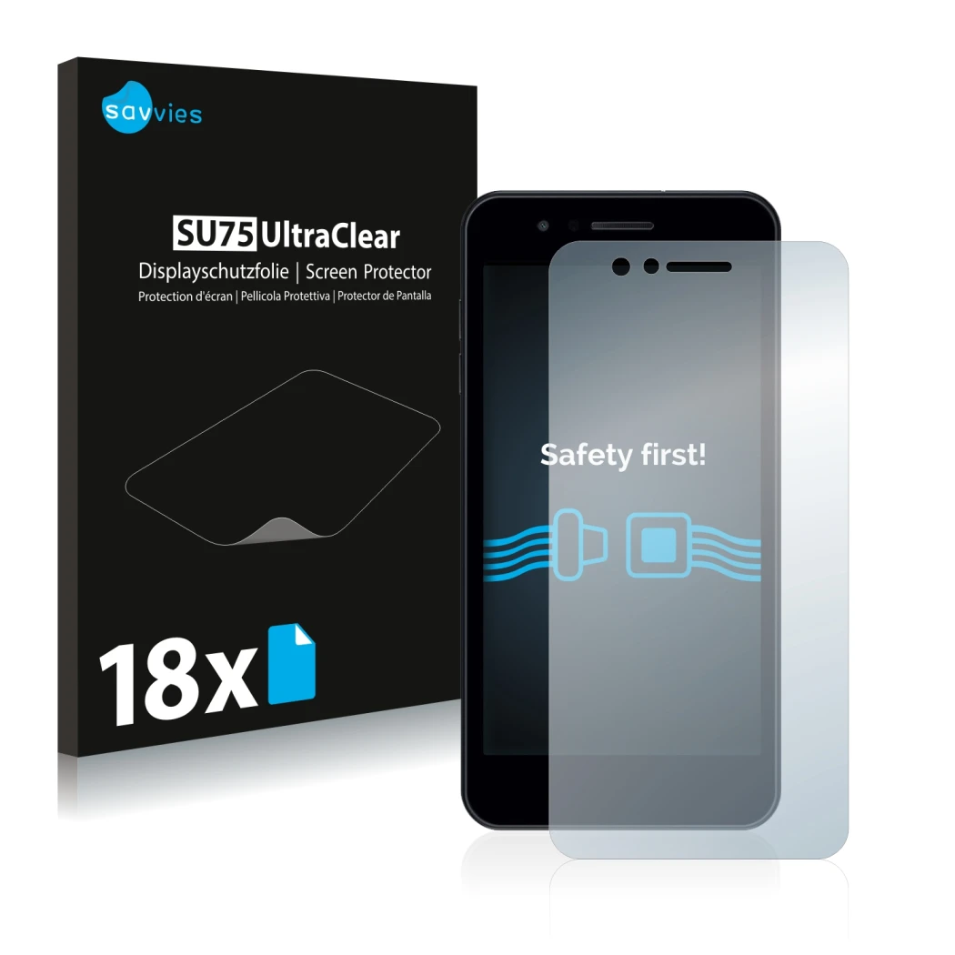 Front side of a product packaging with the brand logo Savvies. Next to it is the device LG K9 shown with the corresponding scr