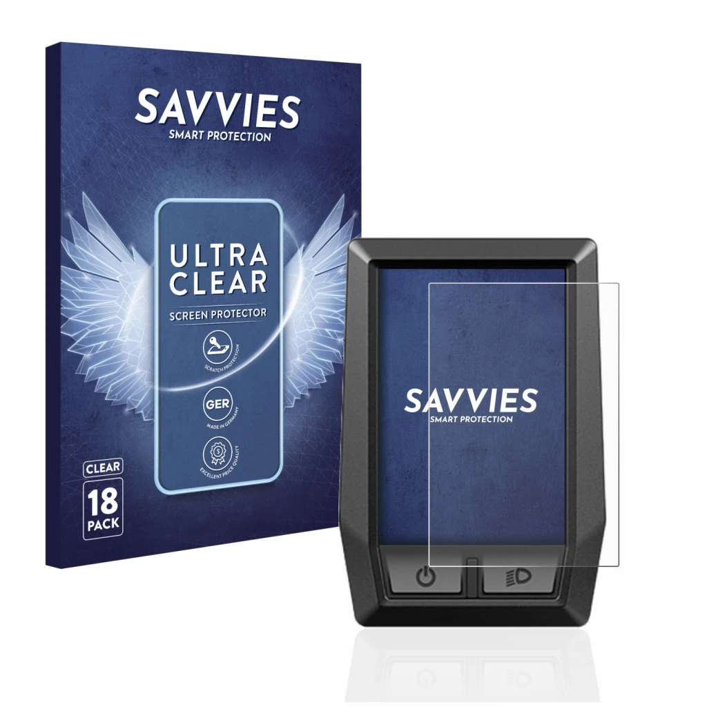 Front side of a product packaging with the brand logo Savvies. Next to it is the device Bosch Kiox shown with the correspondin