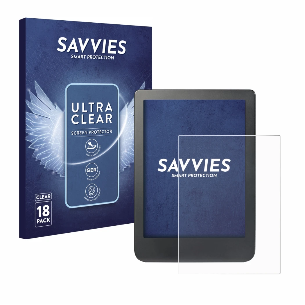 Front side of a product packaging with the brand logo Savvies. Next to it is the device Kobo Clara HD (6