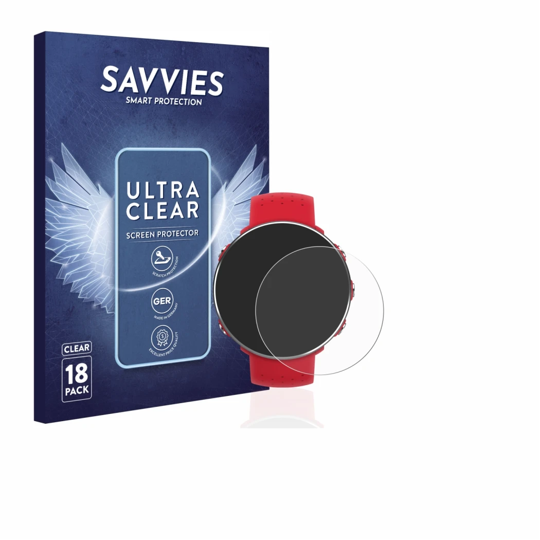 Front side of a product packaging with the brand logo Savvies. Next to it is the device Polar Vantage M shown with the corresp