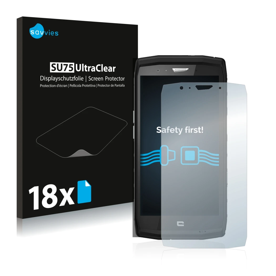 Front side of a product packaging with the brand logo Savvies. Next to it is the device Crosscall Trekker X4 shown with the co