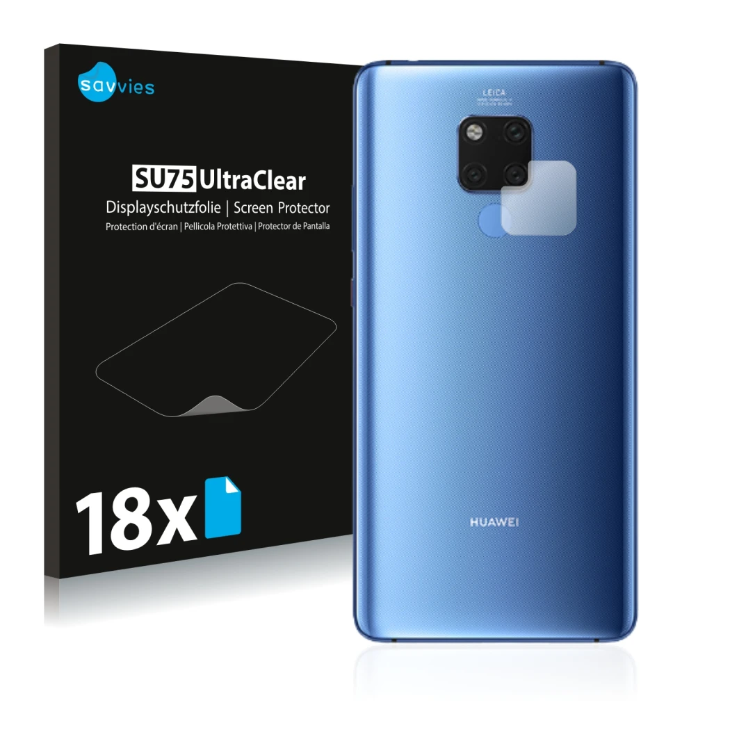 Front side of a product packaging with the brand logo Savvies. Next to it is the device Huawei Mate 20 X (ONLY Camera Lens) sh